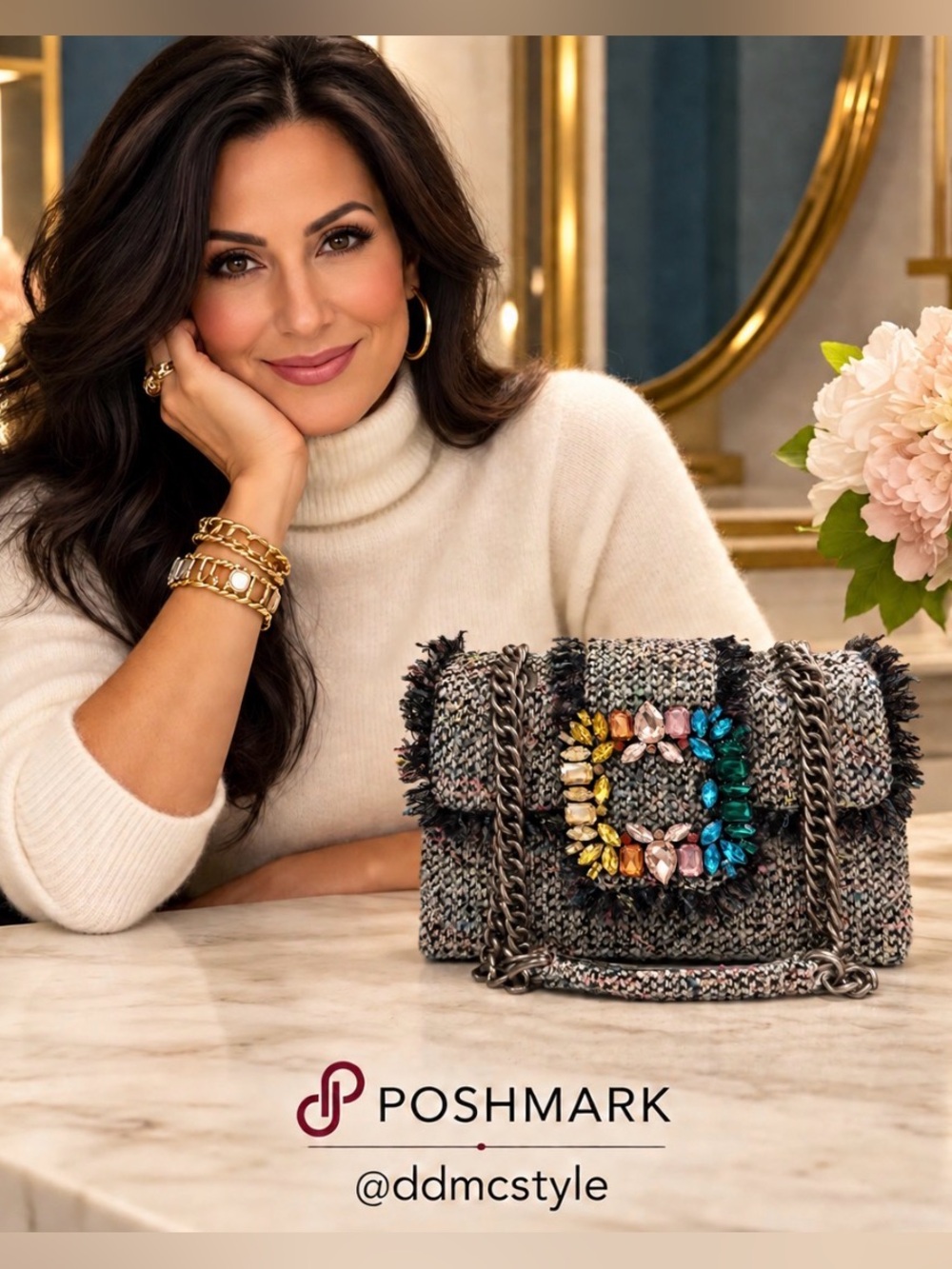 Kurt Geiger NWOT Tweed Embellished Gems Crossbody Shoulder Bag Black Multicolor